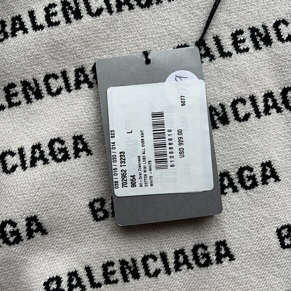 NWT Balenciaga Crewneck Knit Sweater White Cotton Wool Allover Mini Logo Sz L - Picture 4 of 11